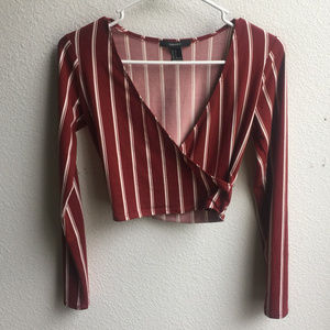 Deep Red & White Striped Long Sleeve V-Neck